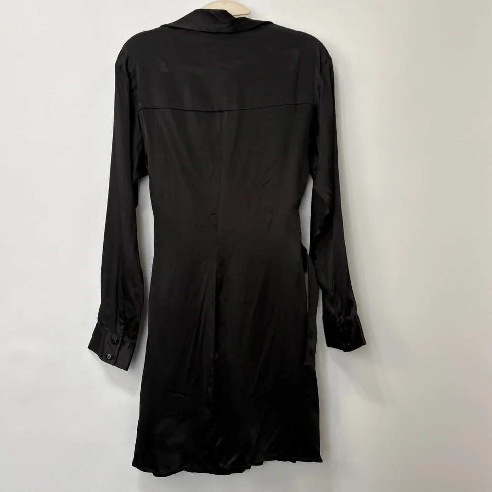 Zara Black Satin Long Sleeve Wrap Collared Short‎ Dress Size XS